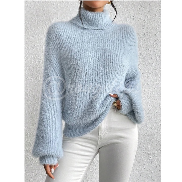 Light Blue Soft Fuzzy Turtleneck Pullover Sweater Long Sleeve - Picture 1 of 8